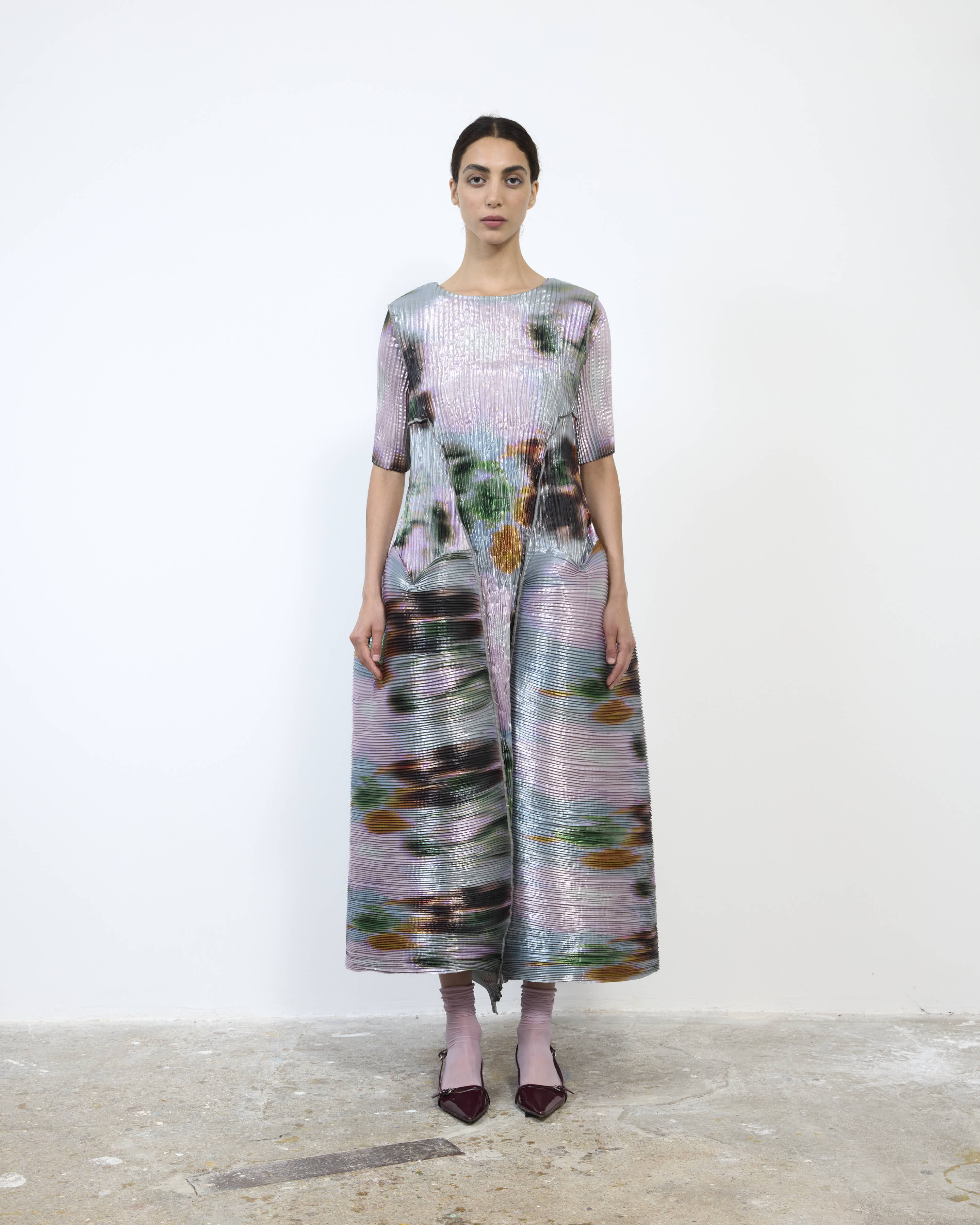 HANDPLEATED UMA DRESS IN METALLIC MARIS