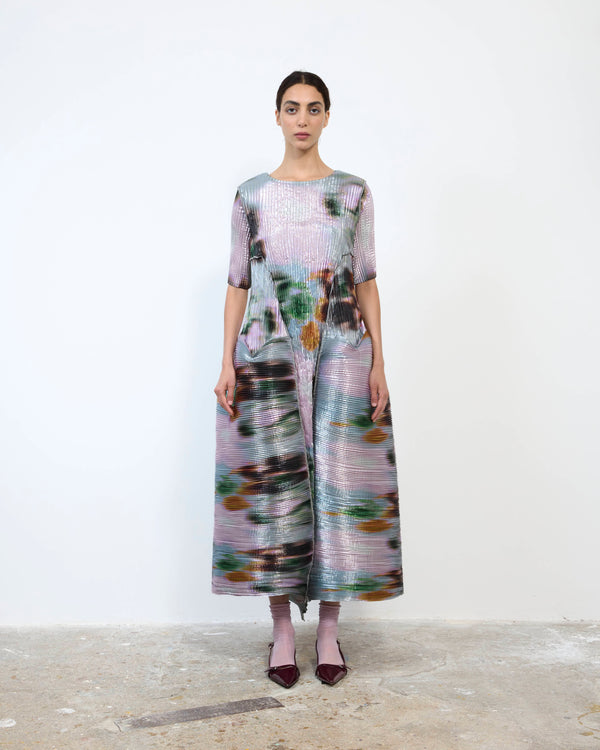 HANDPLEATED UMA DRESS IN METALLIC MARIS