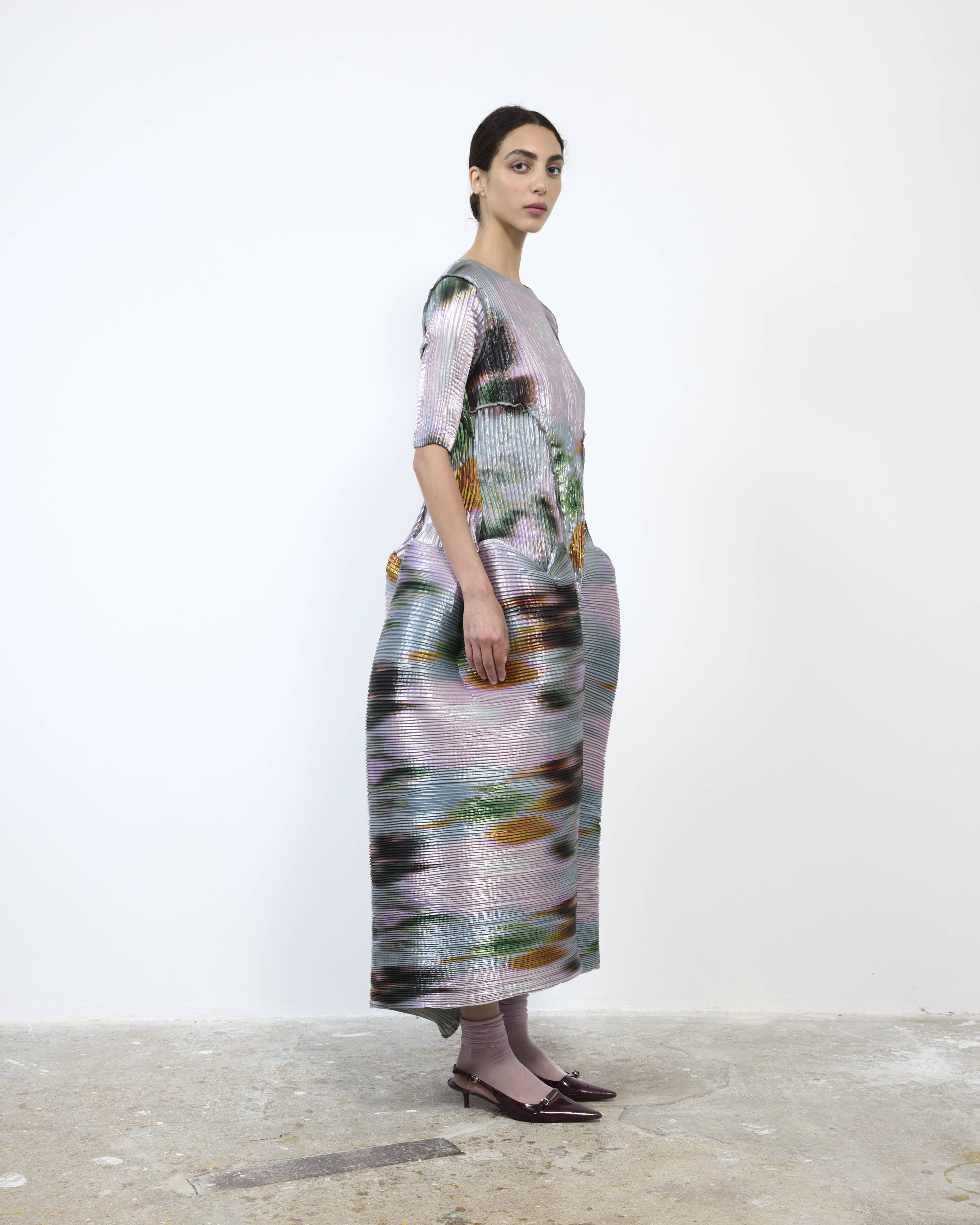 HANDPLEATED UMA DRESS IN METALLIC MARIS