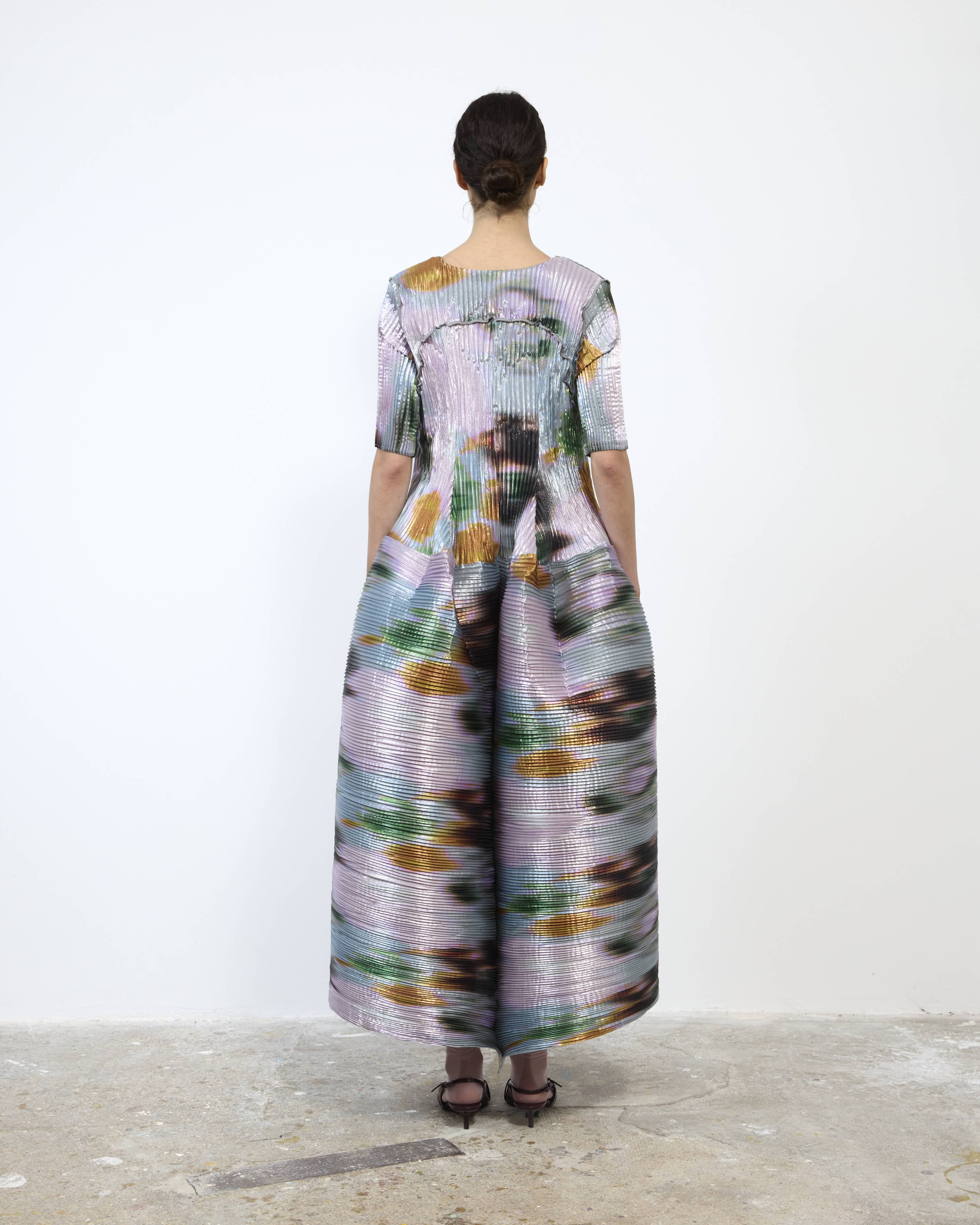 HANDPLEATED UMA DRESS IN METALLIC MARIS