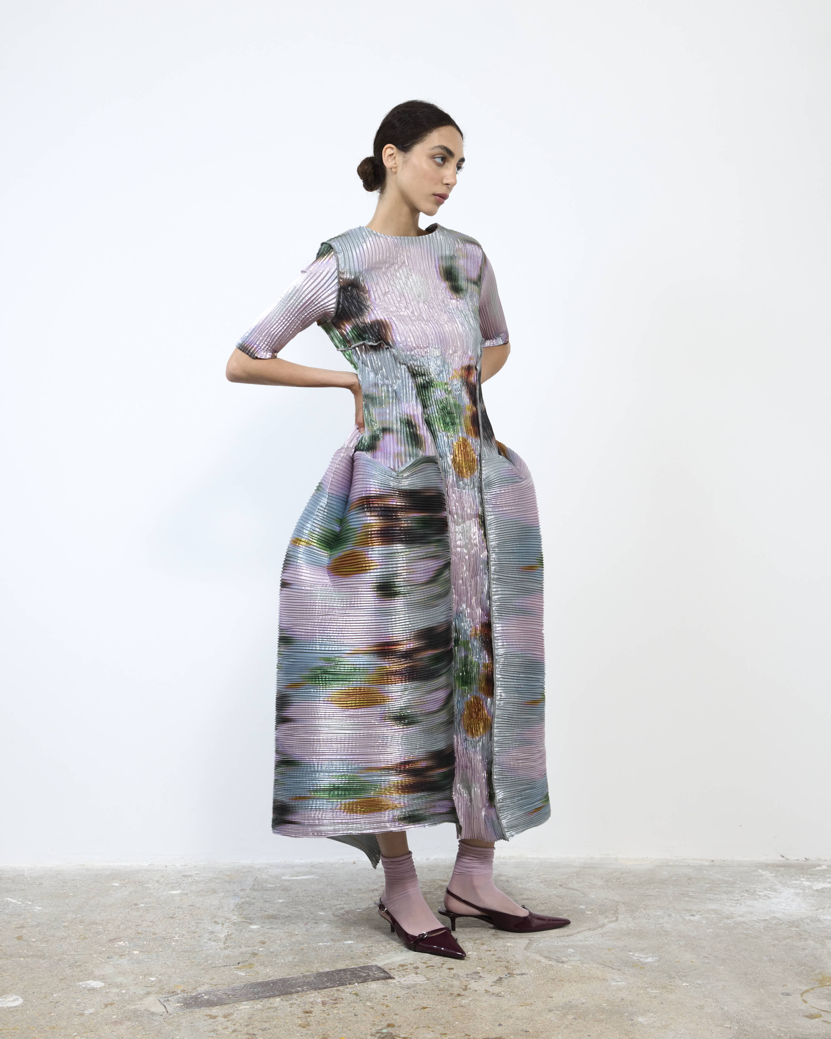 HANDPLEATED UMA DRESS IN METALLIC MARIS
