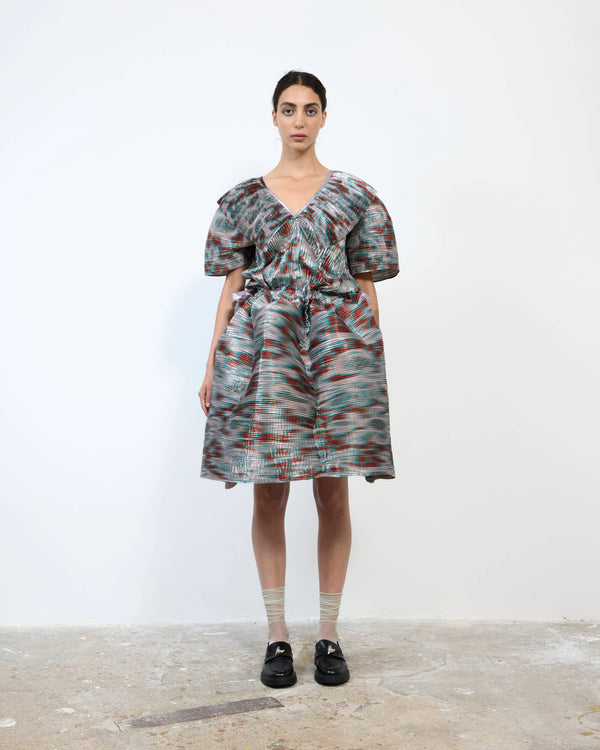 HANDPLEATED NIKA DRESS IN METALLIC GALLIA