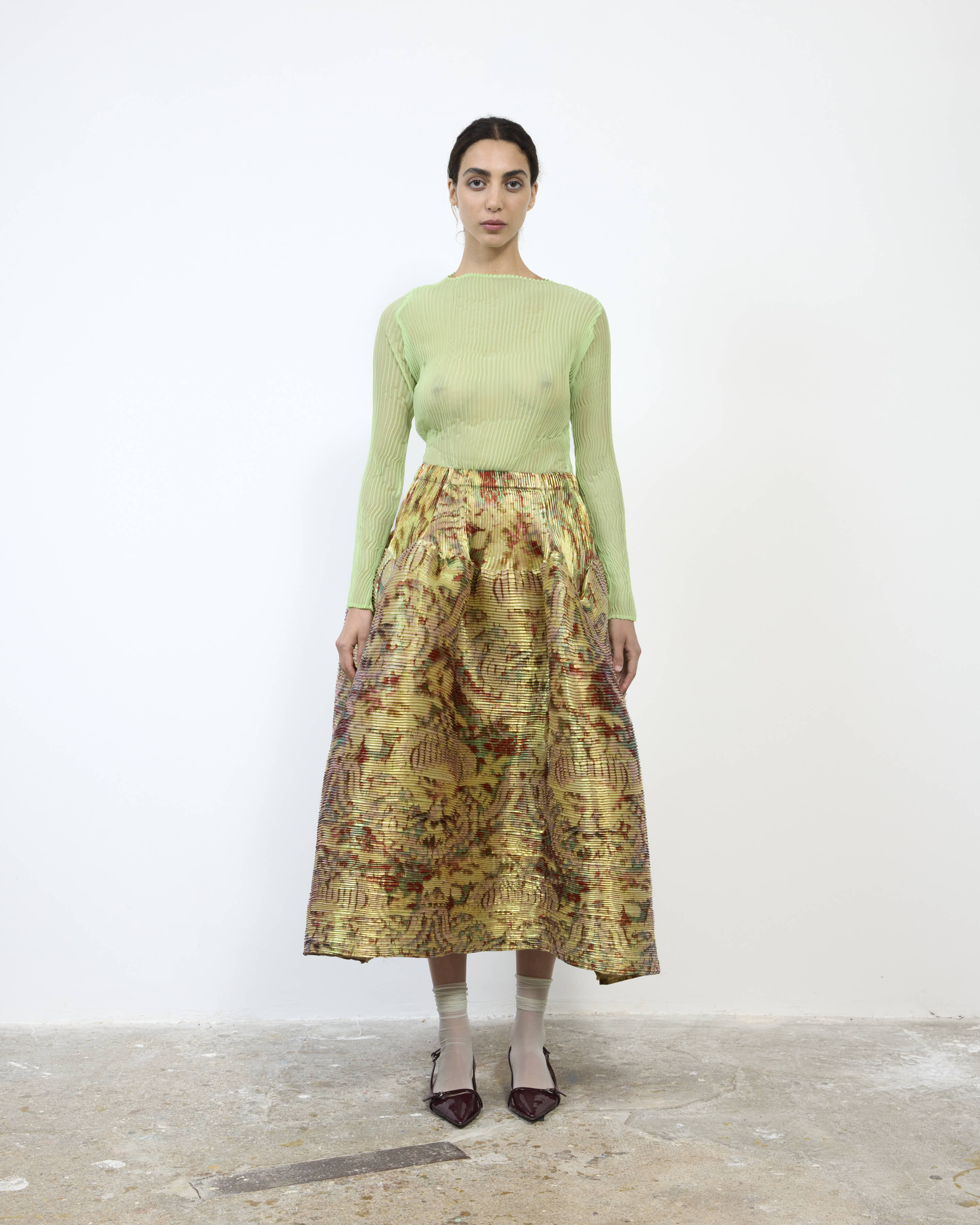 HANDPLEATED KENZA SKIRT IN IRIDESCENT JIM