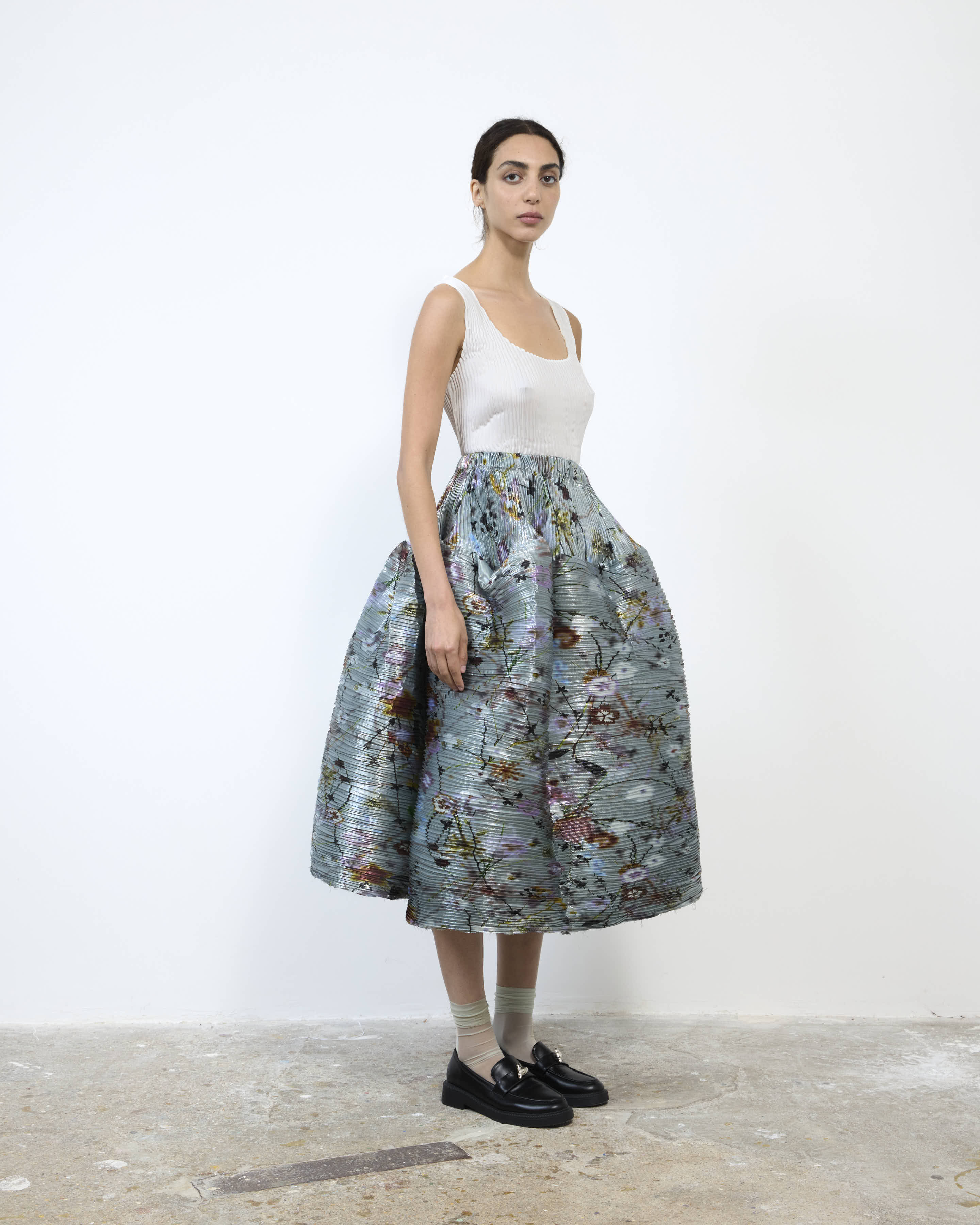HANDPLEATED KENZA SKIRT IN METALLIC FRANCES