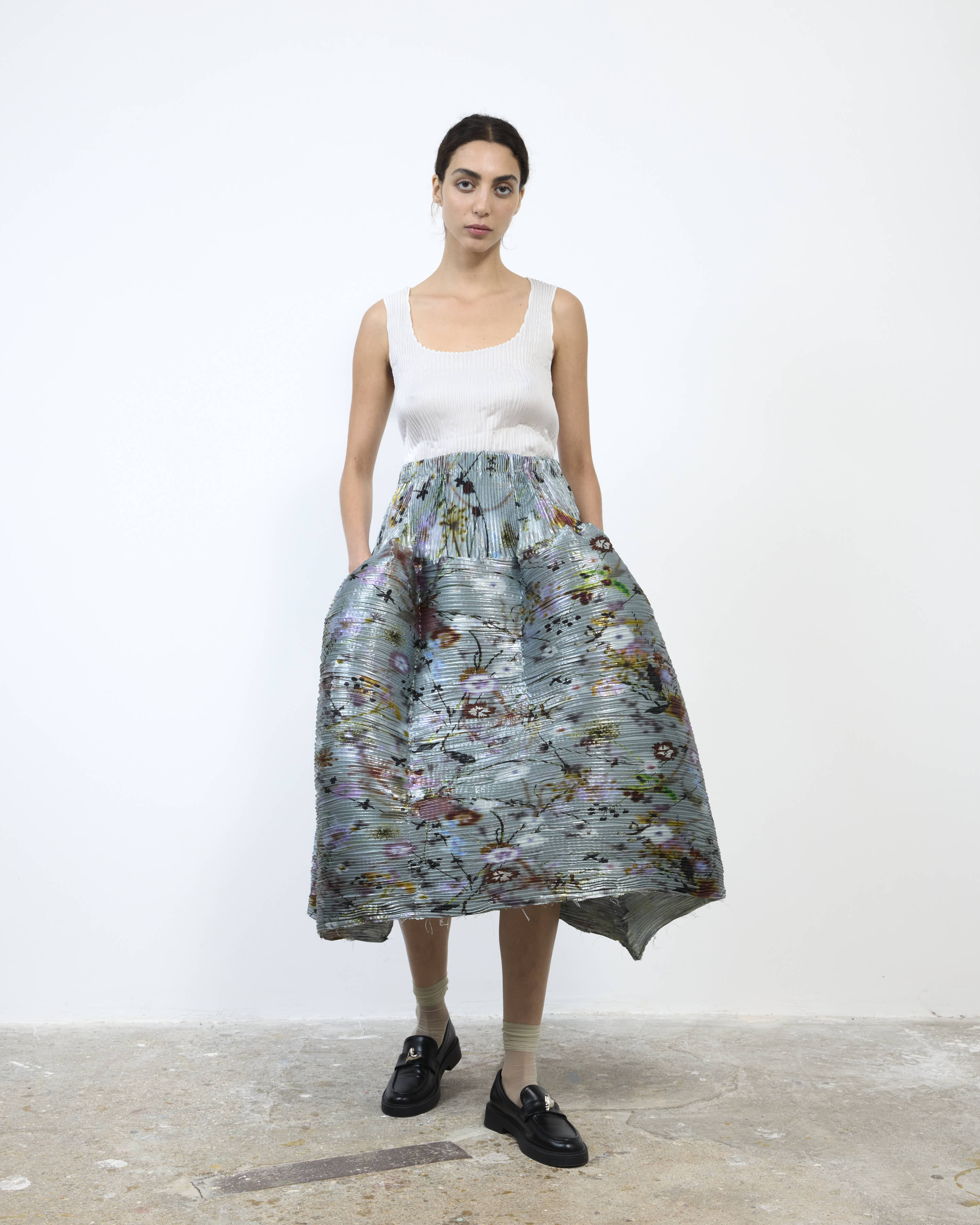 HANDPLEATED KENZA SKIRT IN METALLIC FRANCES