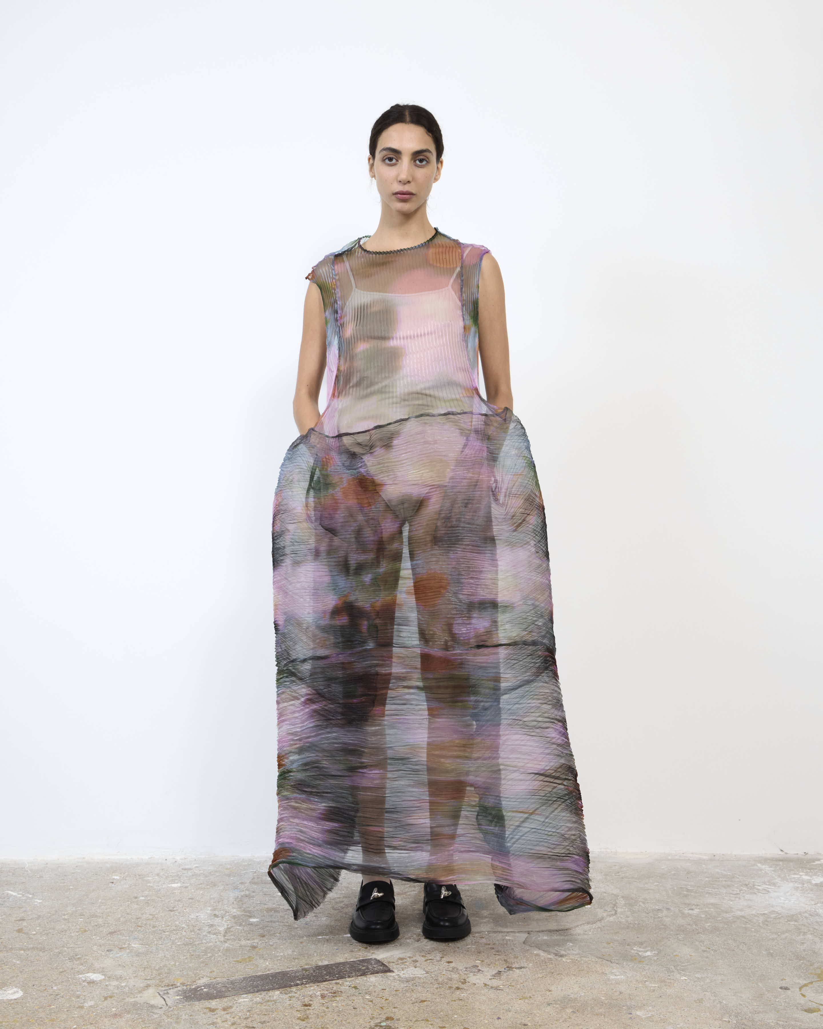 HANDPLEATED MAYA DRESS IN TRANSPARENT MARIS