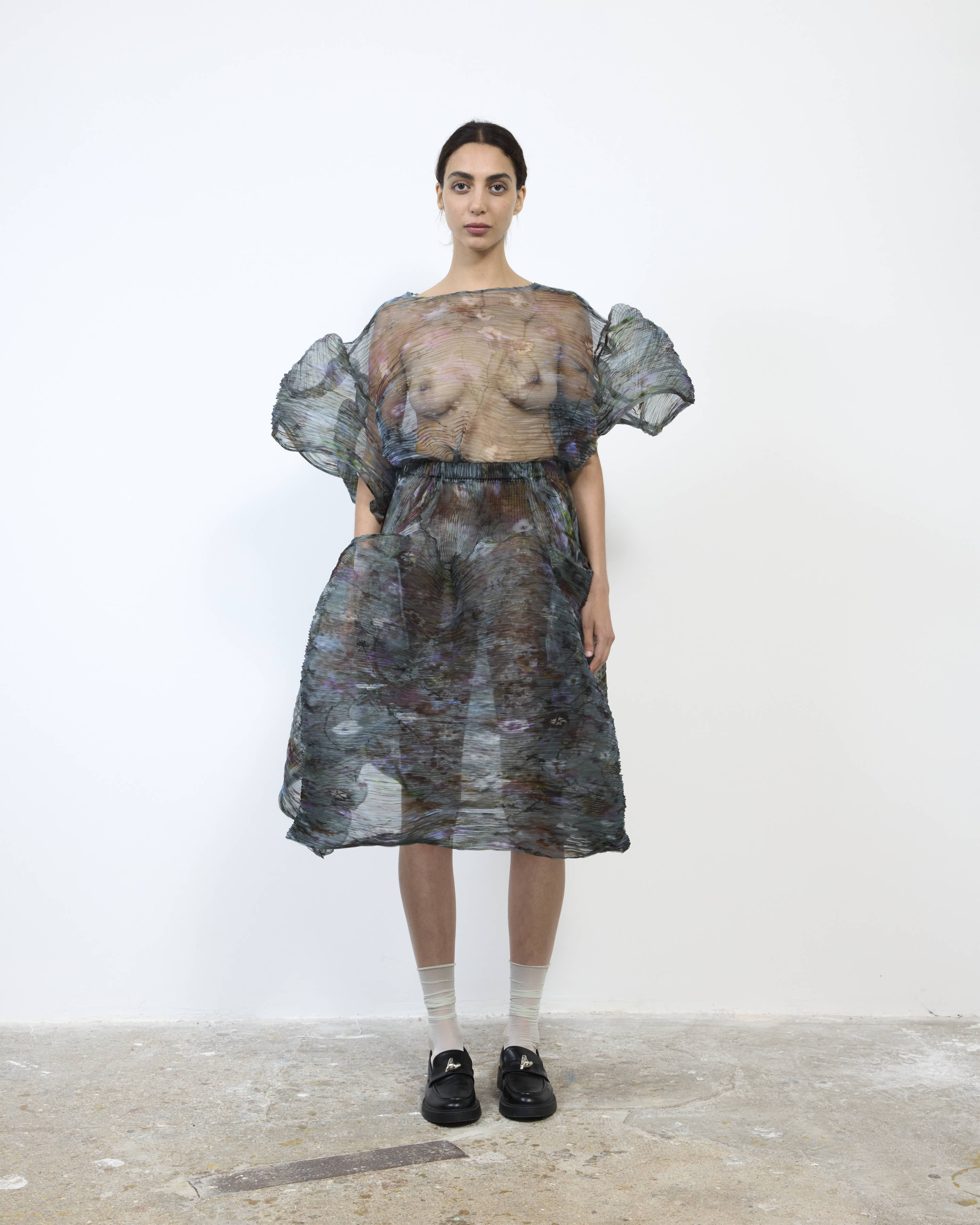 HANDPLEATED THEKLA DRESS IN TRANSPARENT FRANCES