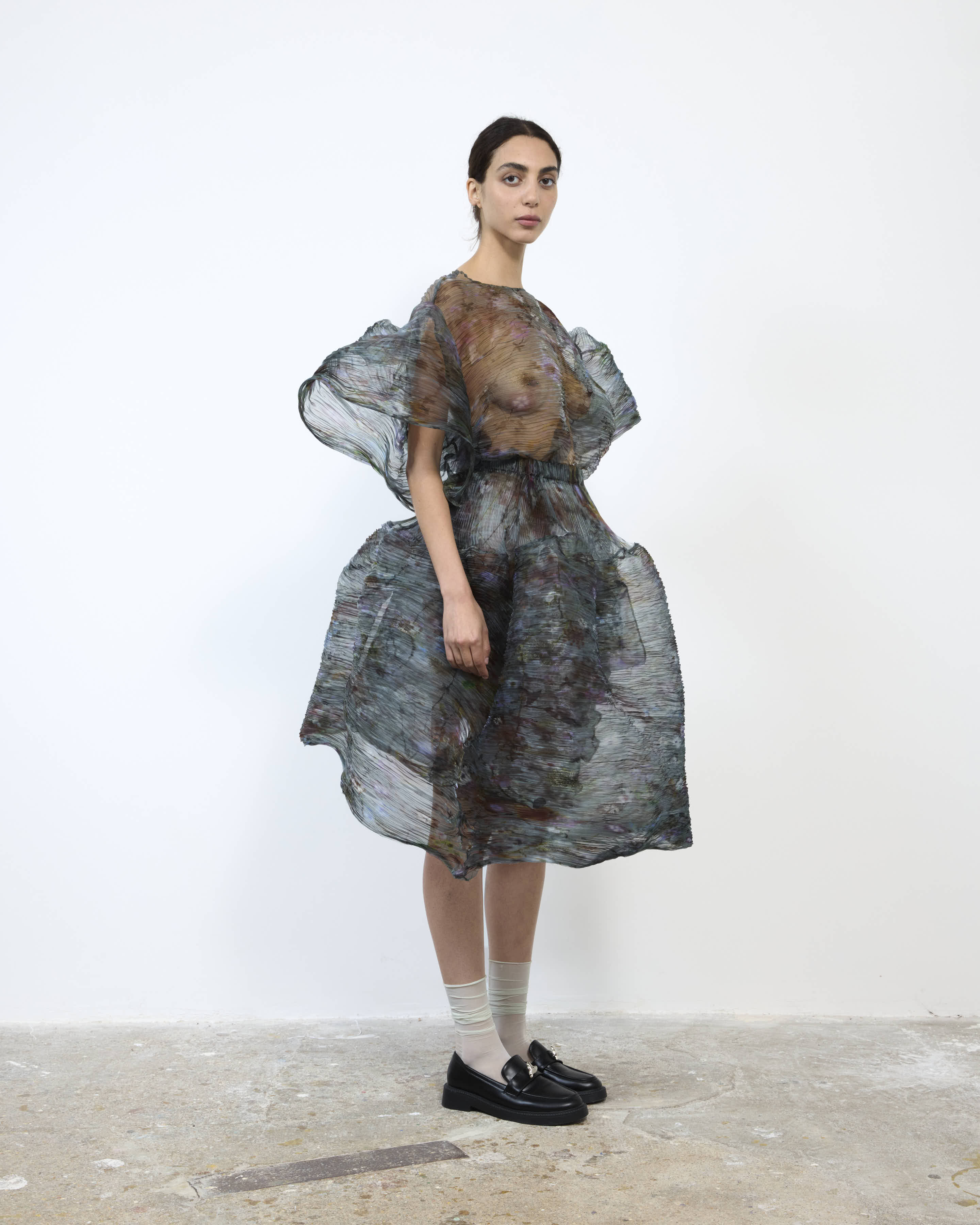 HANDPLEATED THEKLA DRESS IN TRANSPARENT FRANCES
