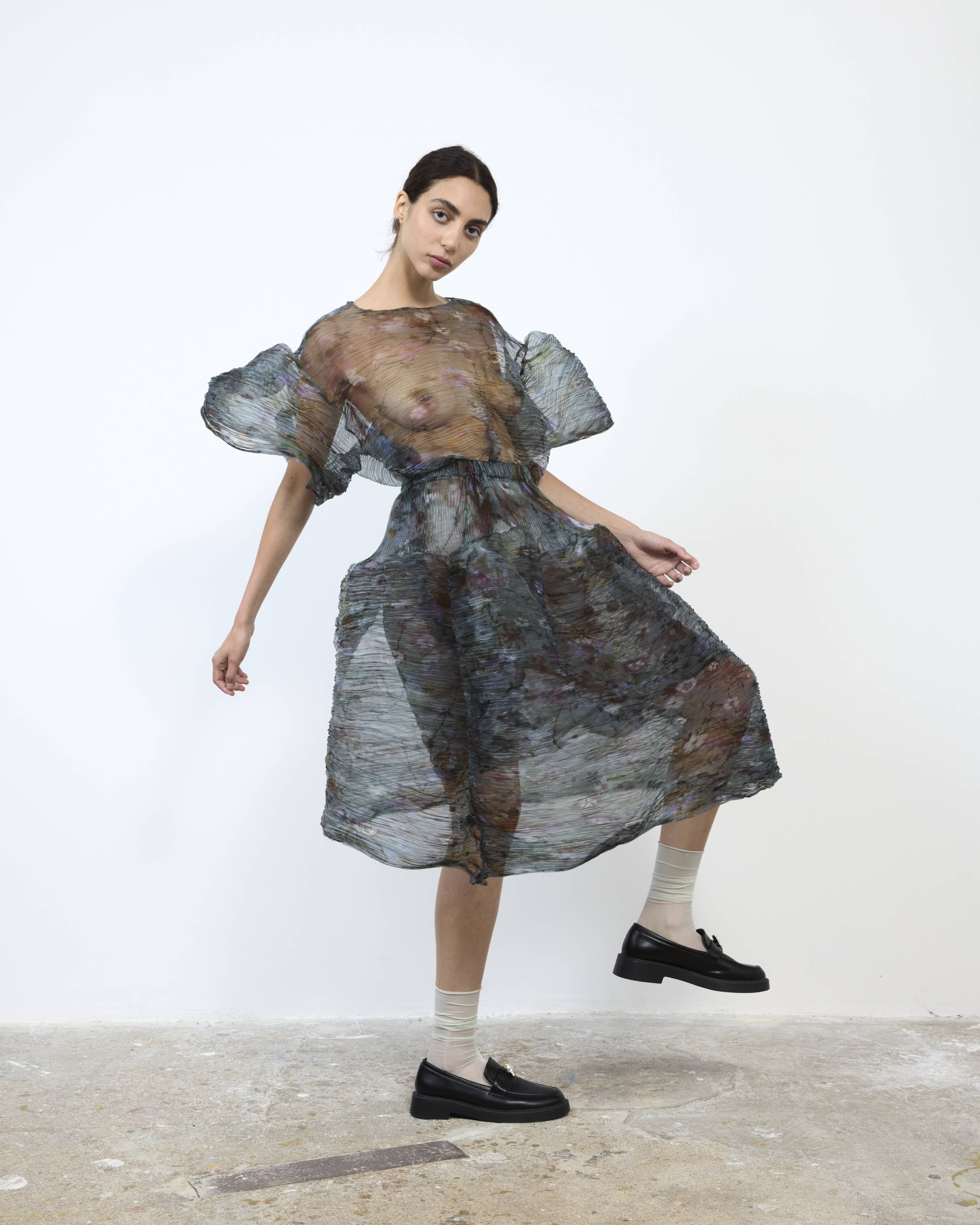 HANDPLEATED THEKLA DRESS IN TRANSPARENT FRANCES