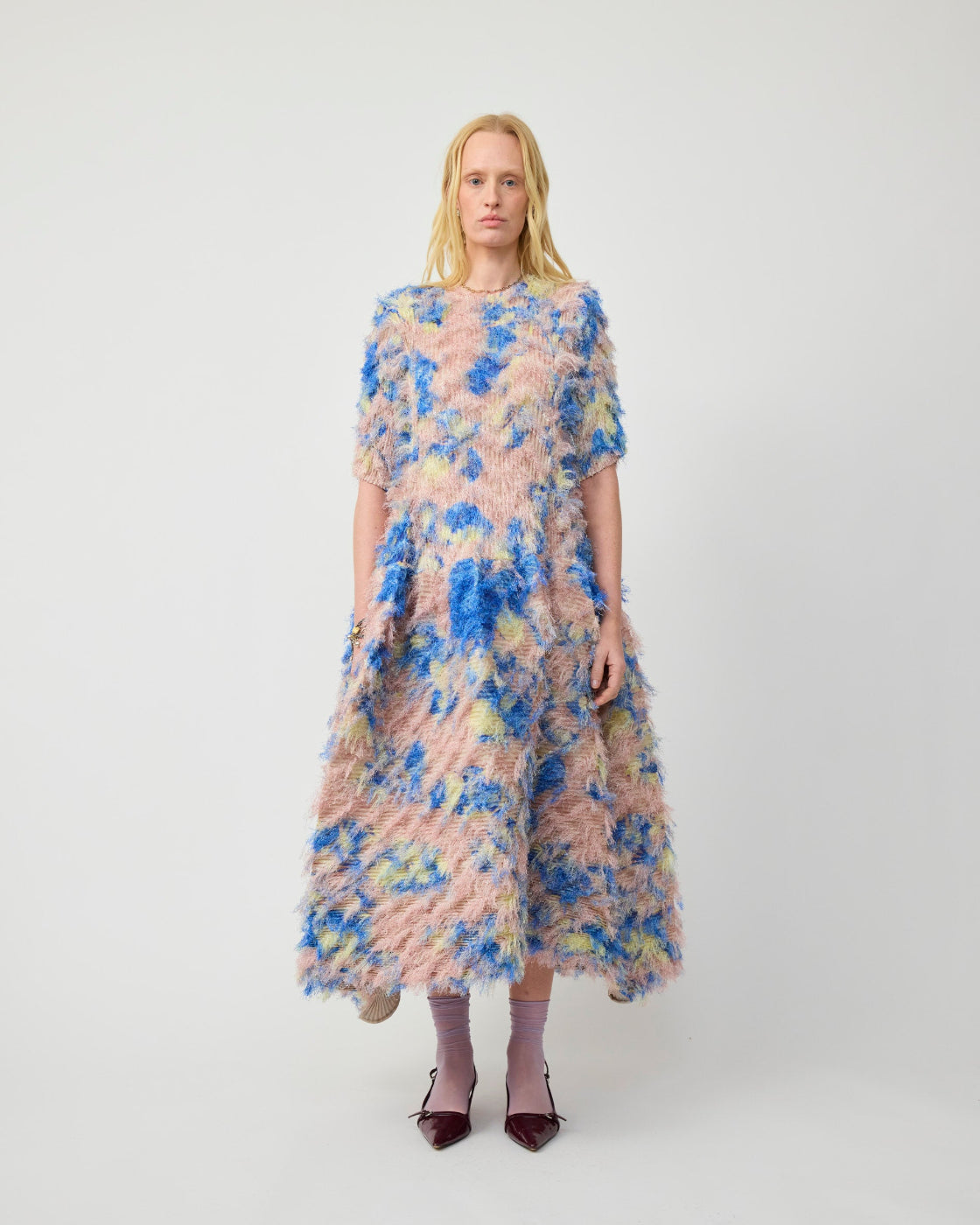 Knox Pleated Furry Dress in Blush Ingrid