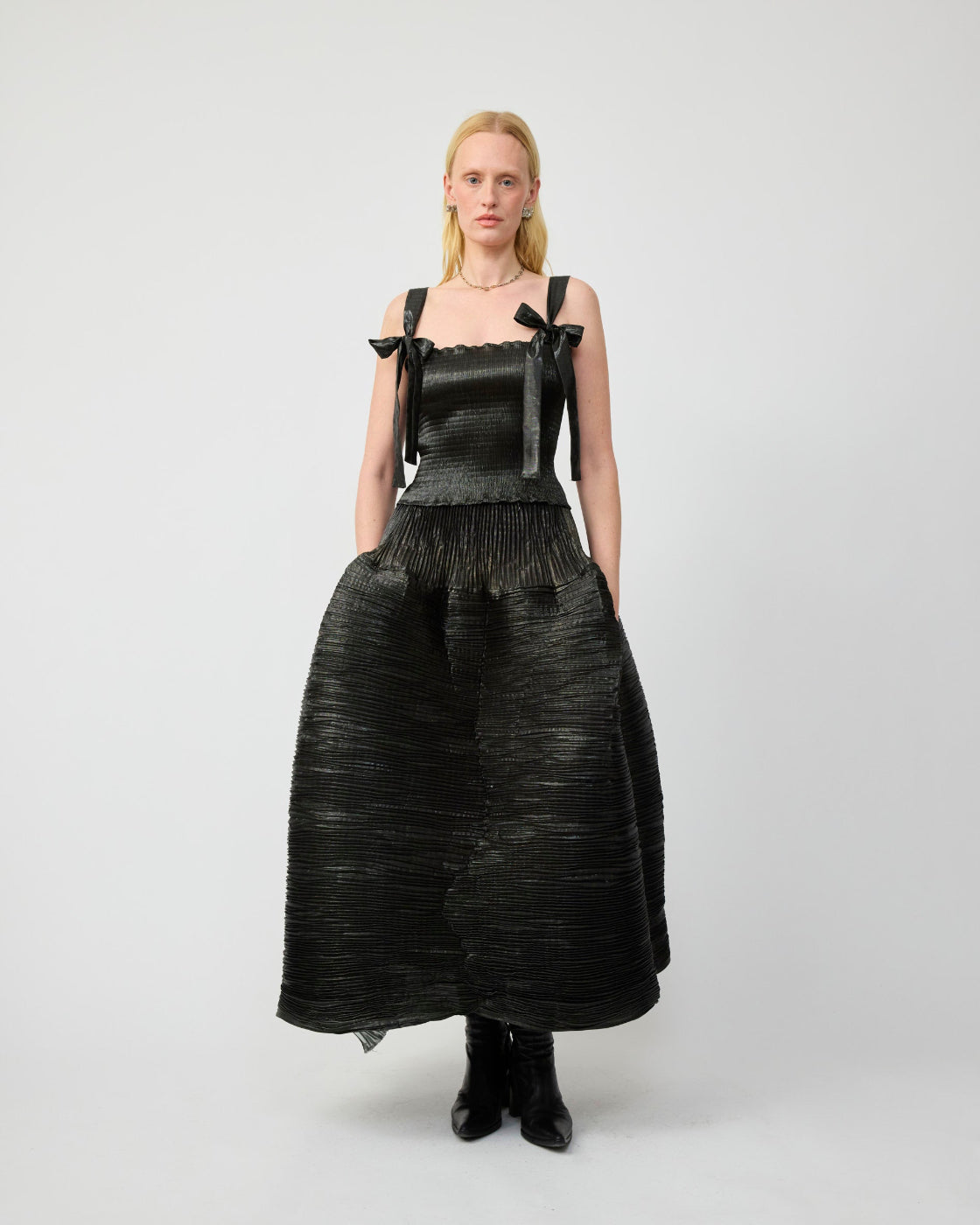 Kenza Handpleated Skirt in Moss Metallic-Couture Lenght