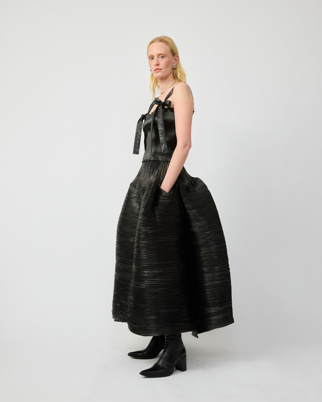 June Smock Pleated Top in Moss Metalic