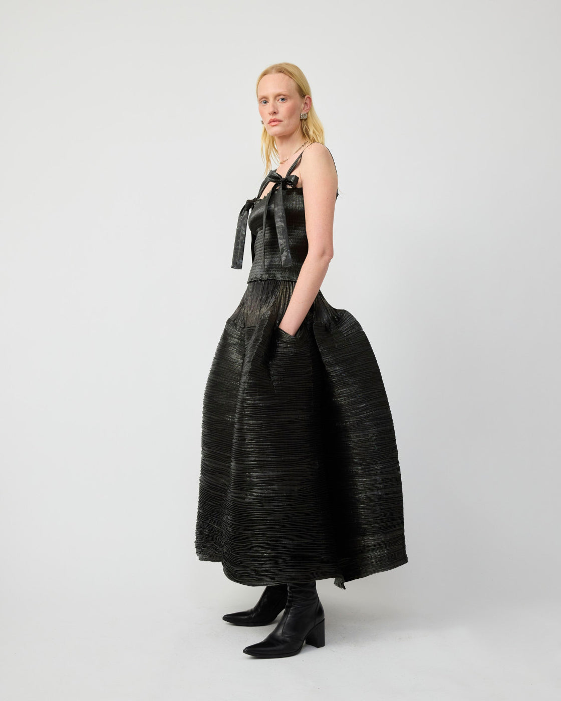 Kenza Handpleated Skirt in Moss Metallic-Couture Lenght