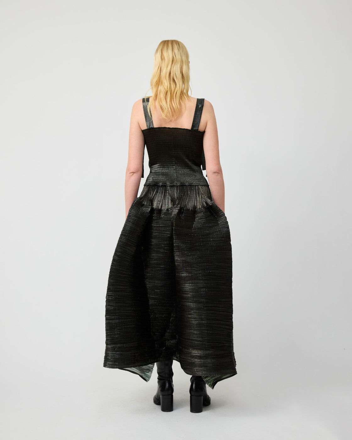 June Smock Pleated Top in Moss Metalic