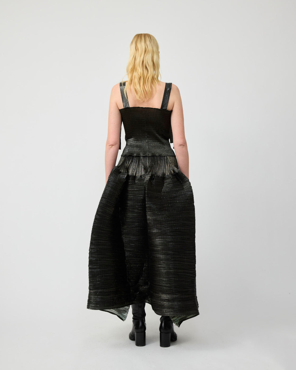 Kenza Handpleated Skirt in Moss Metallic-Couture Lenght