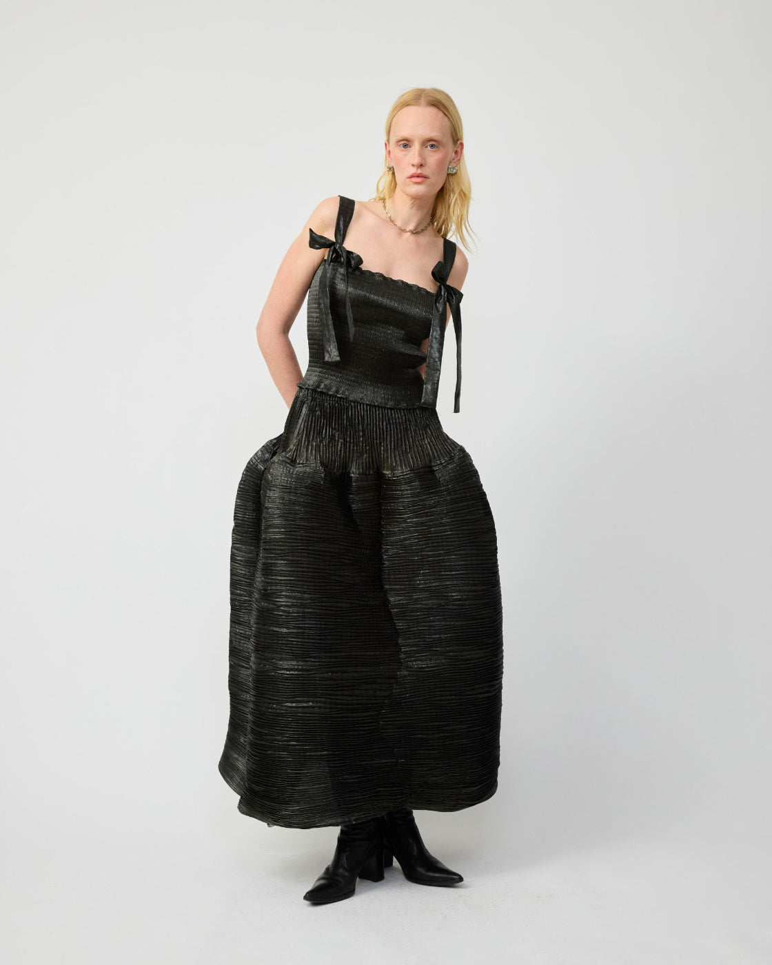 Kenza Handpleated Skirt in Moss Metallic-Couture Lenght