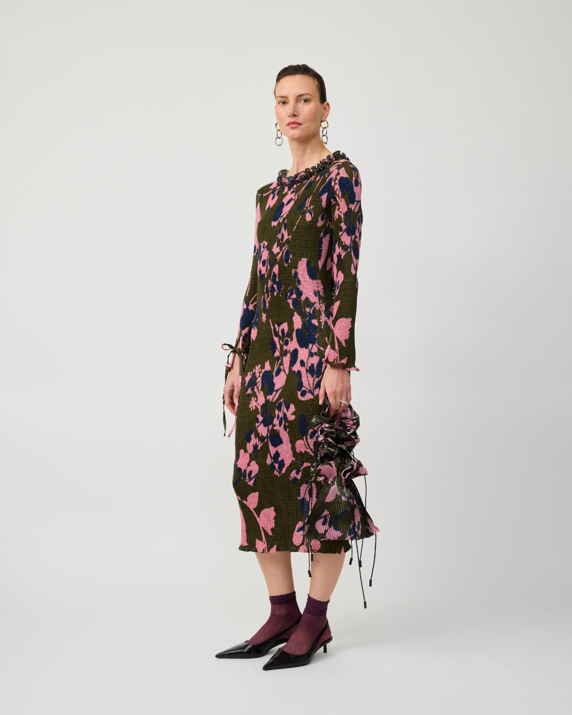 Huxley Smock Pleated Dress in Moss Ingrid
