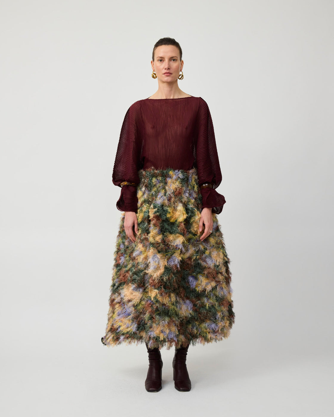 Kenza Pleated Furry Skirt in Amber Ingrid