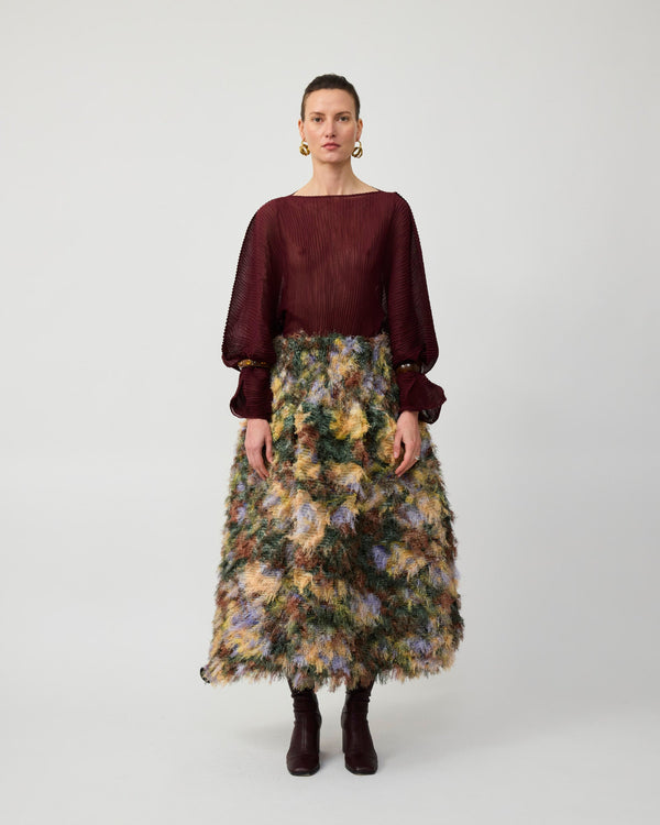 Kenza Pleated Furry Skirt in Amber Ingrid