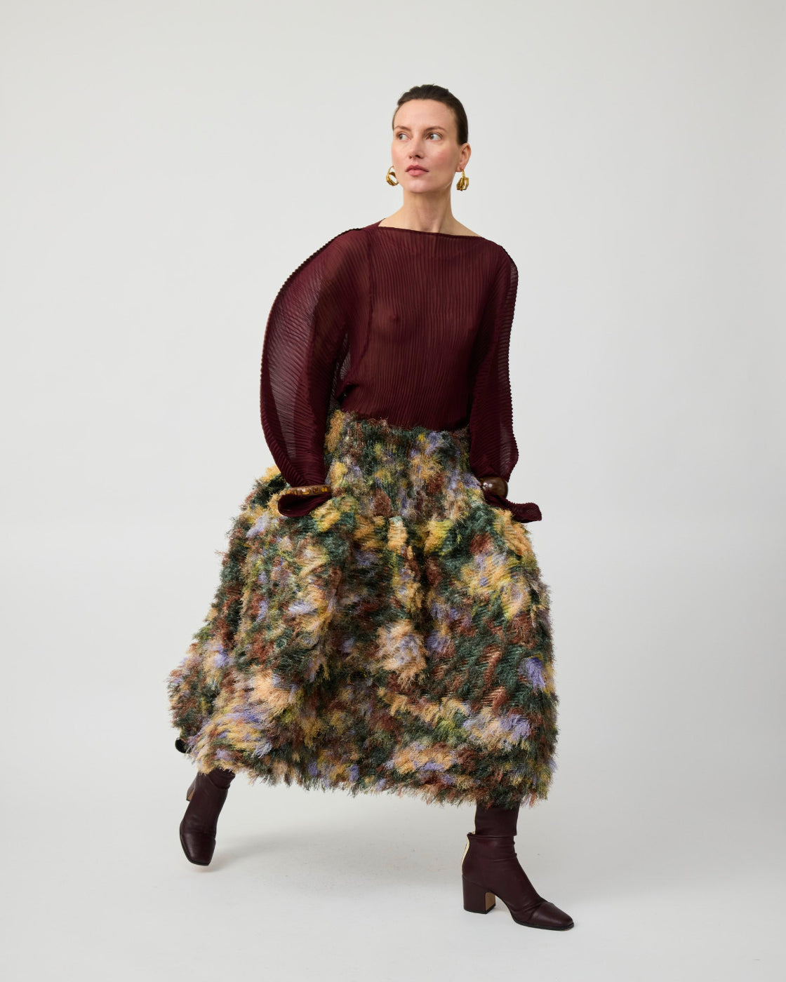 Kenza Pleated Furry Skirt in Amber Ingrid