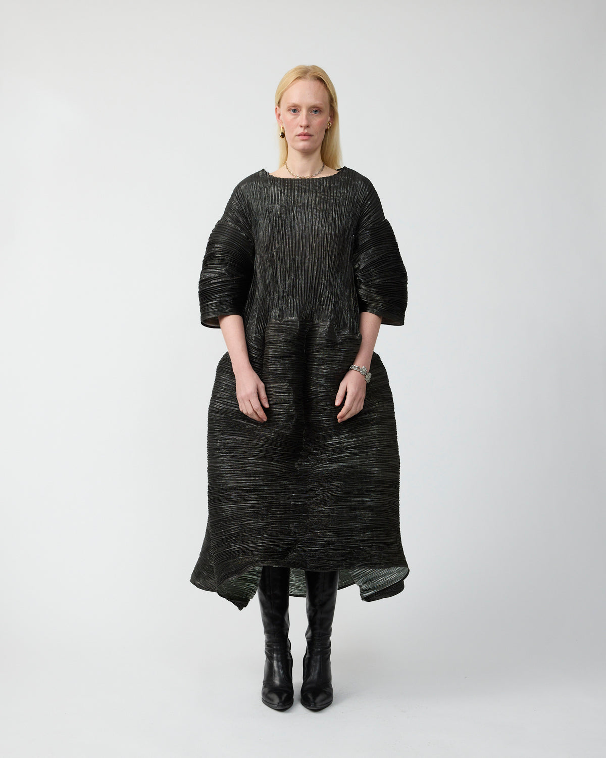 Pax Handpleated Dress in Moss Metalic