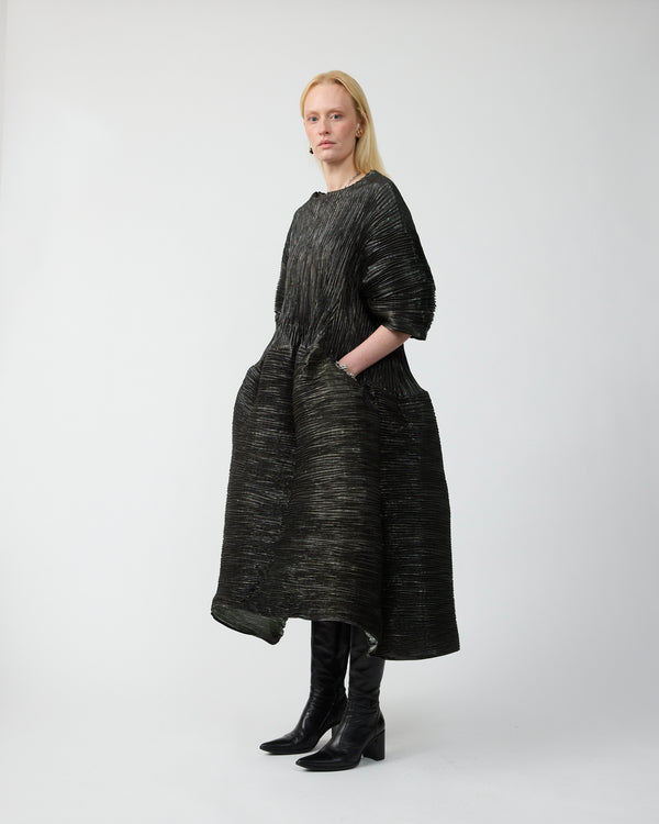 Pax Handpleated Dress in Moss Metalic