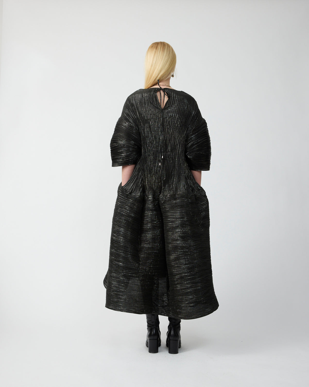 Pax Handpleated Dress in Moss Metalic