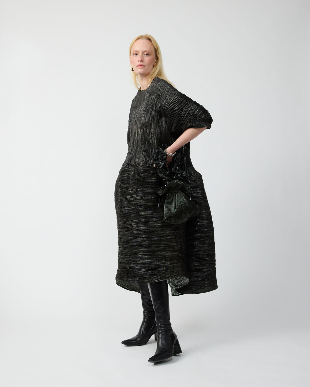 Pax Handpleated Dress in Moss Metalic