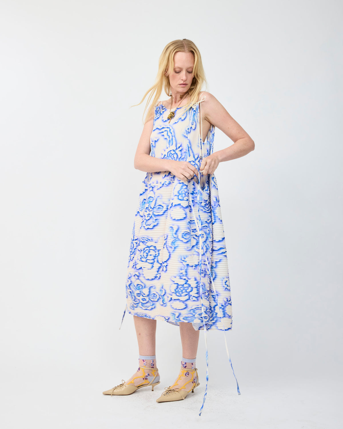 NELLY HANDPLEATED DRESS IN AZURE AUGUST