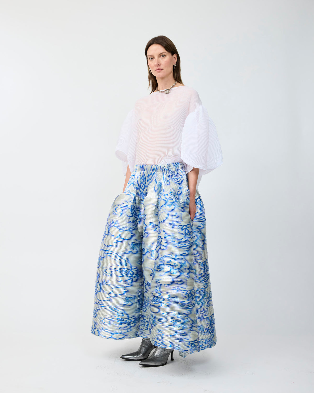 KENZA HANDPLEATED SKIRT IN METALLIC AUGUST - COUTURE LENGTH