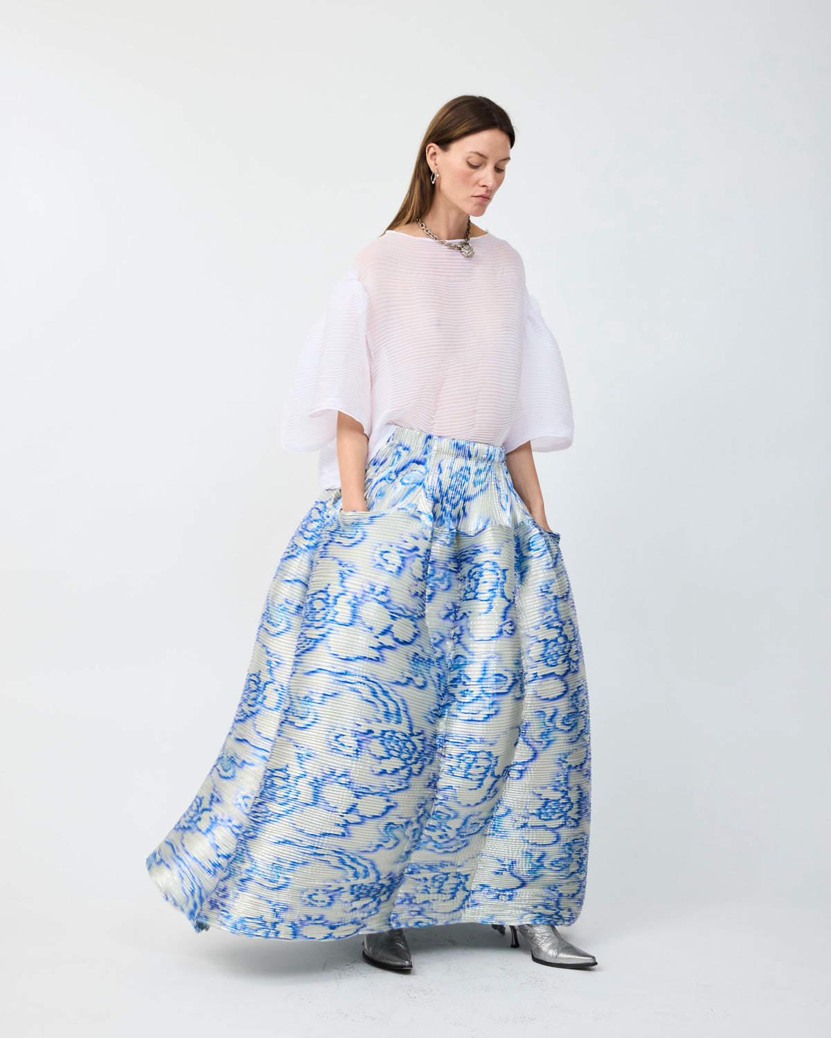 KENZA HANDPLEATED SKIRT IN METALLIC AUGUST - COUTURE LENGTH
