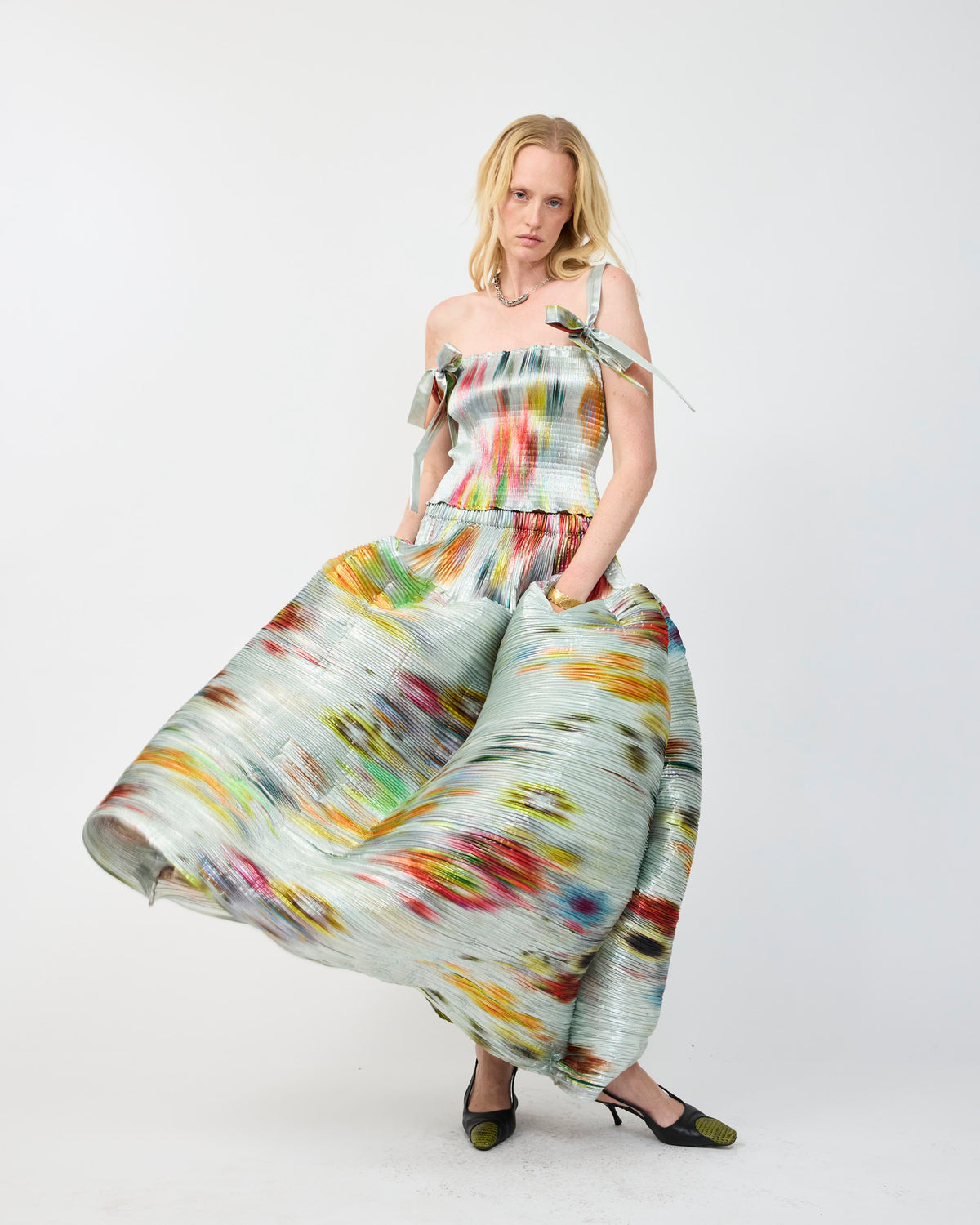 KENZA HANDPLEATED SKIRT IN METALLIC CLARA - COUTURE LENGTH