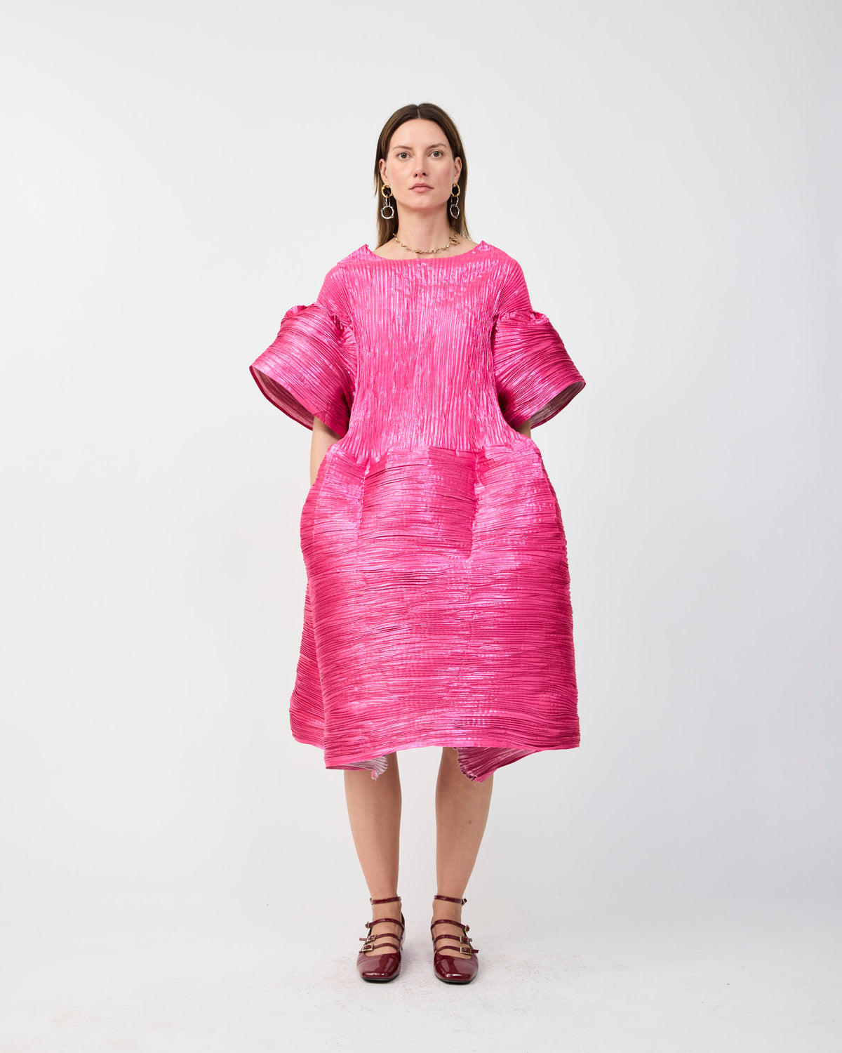 THEKLA HANDPLEATED DRESS IN METALLIC PINK