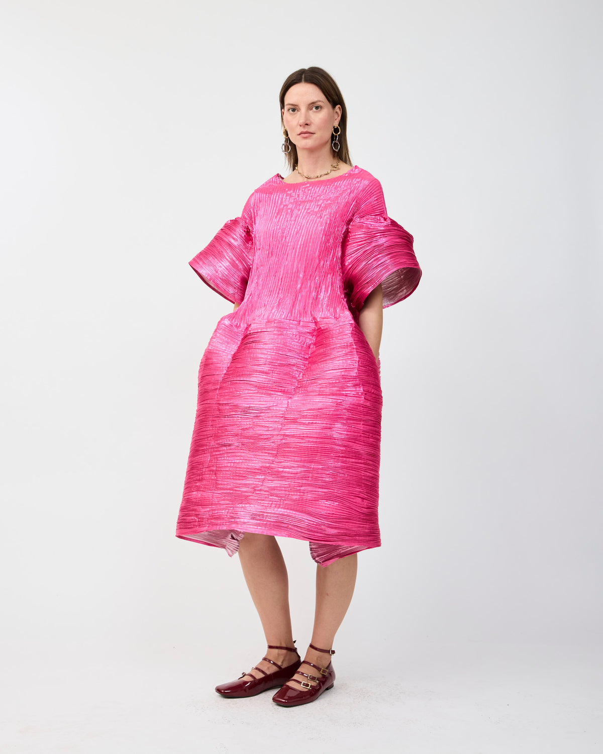 THEKLA HANDPLEATED DRESS IN METALLIC PINK