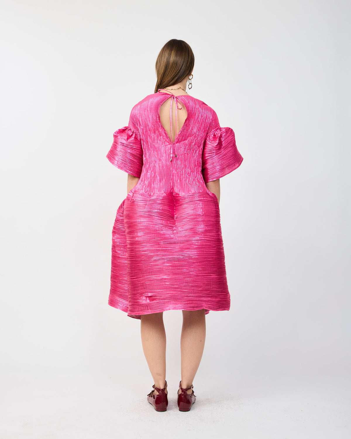 THEKLA HANDPLEATED DRESS IN METALLIC PINK