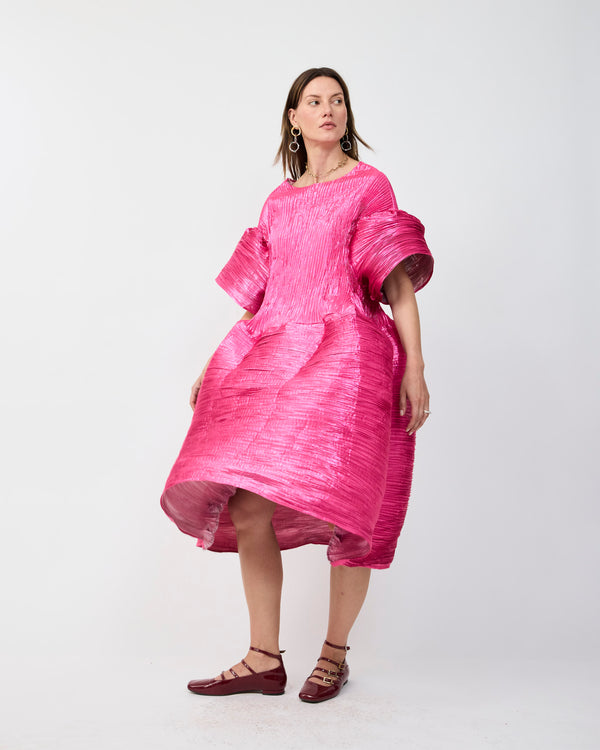 THEKLA HANDPLEATED DRESS IN METALLIC PINK
