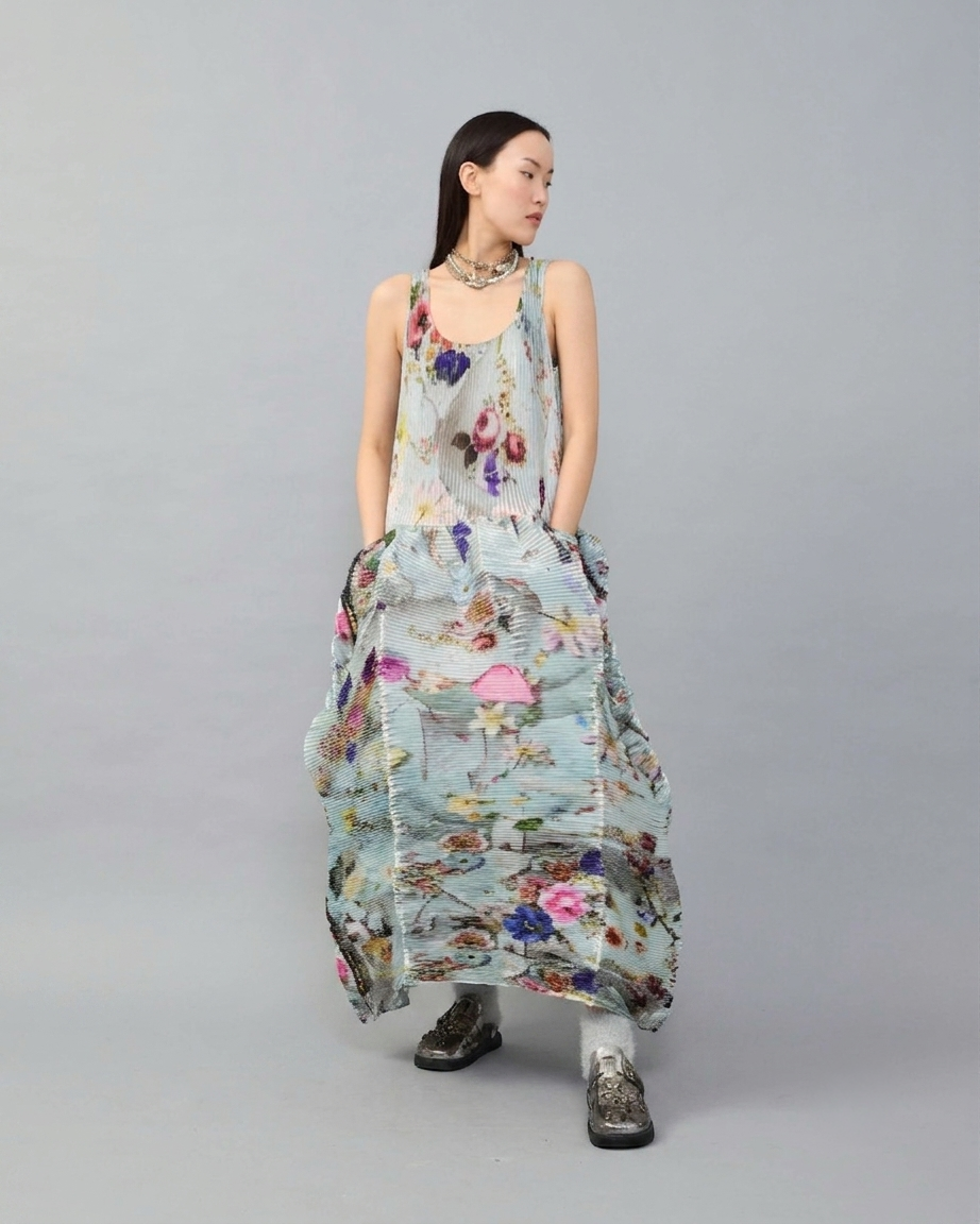 Moon Pleated Dress in Metallic Silver - Couture Length