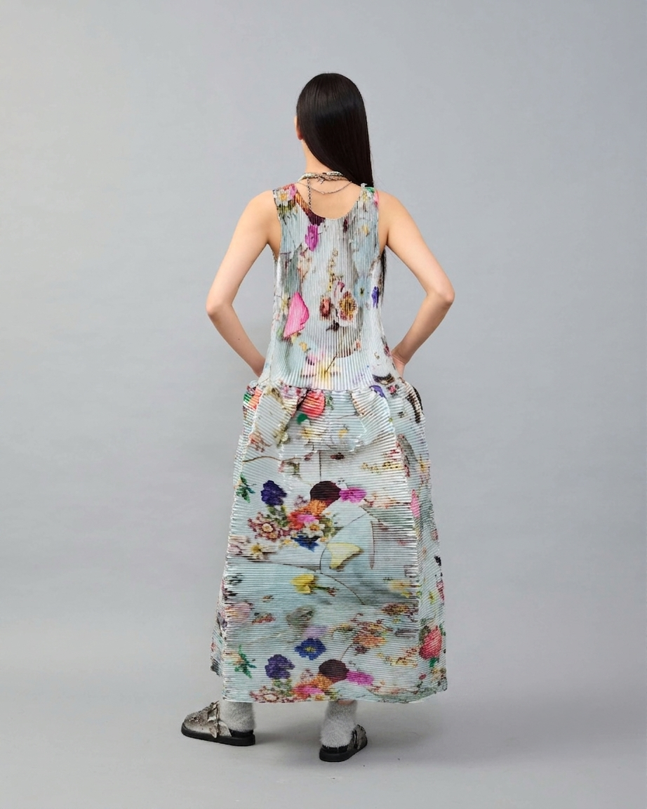 Moon Pleated Dress in Metallic Silver - Couture Length