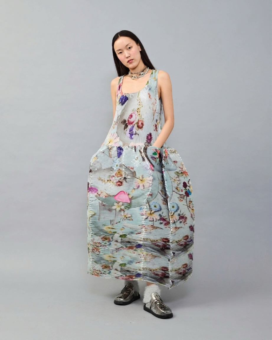 Moon Pleated Dress in Metallic Silver - Couture Length
