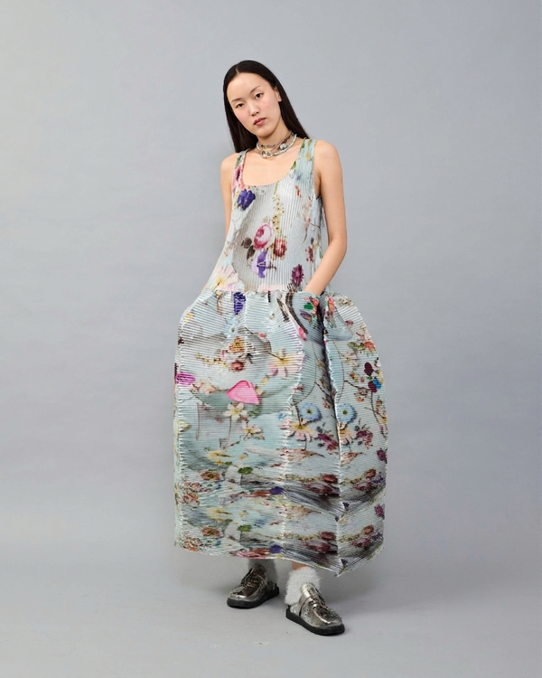 Moon Pleated Dress in Metallic Silver - Couture Length