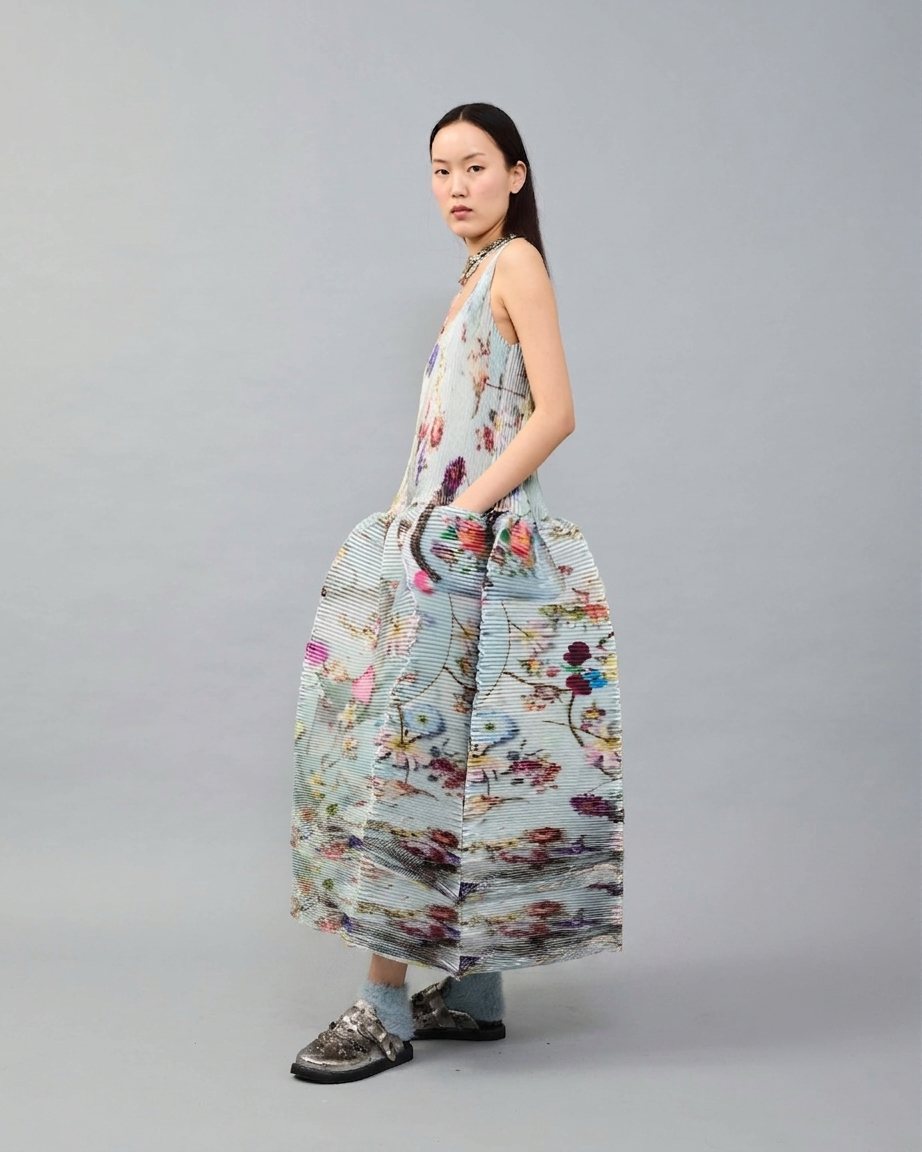 Moon Pleated Dress in Metallic Silver - Couture Length