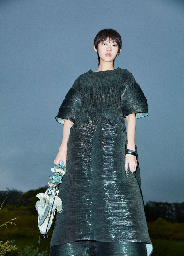 Pax Handpleated Dress in Moss Metalic